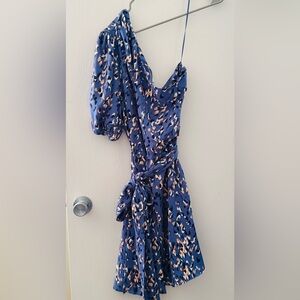 One Shoulder Blue Leopard Print Dress